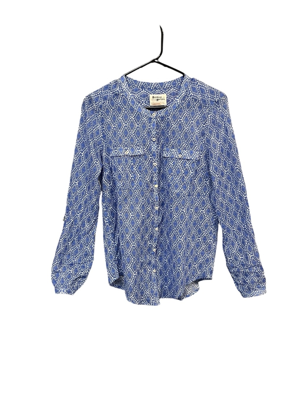 Holding Horses Blouse Womens 6 Blue Geometric Cotton Roll Tab Boho Anthropologie